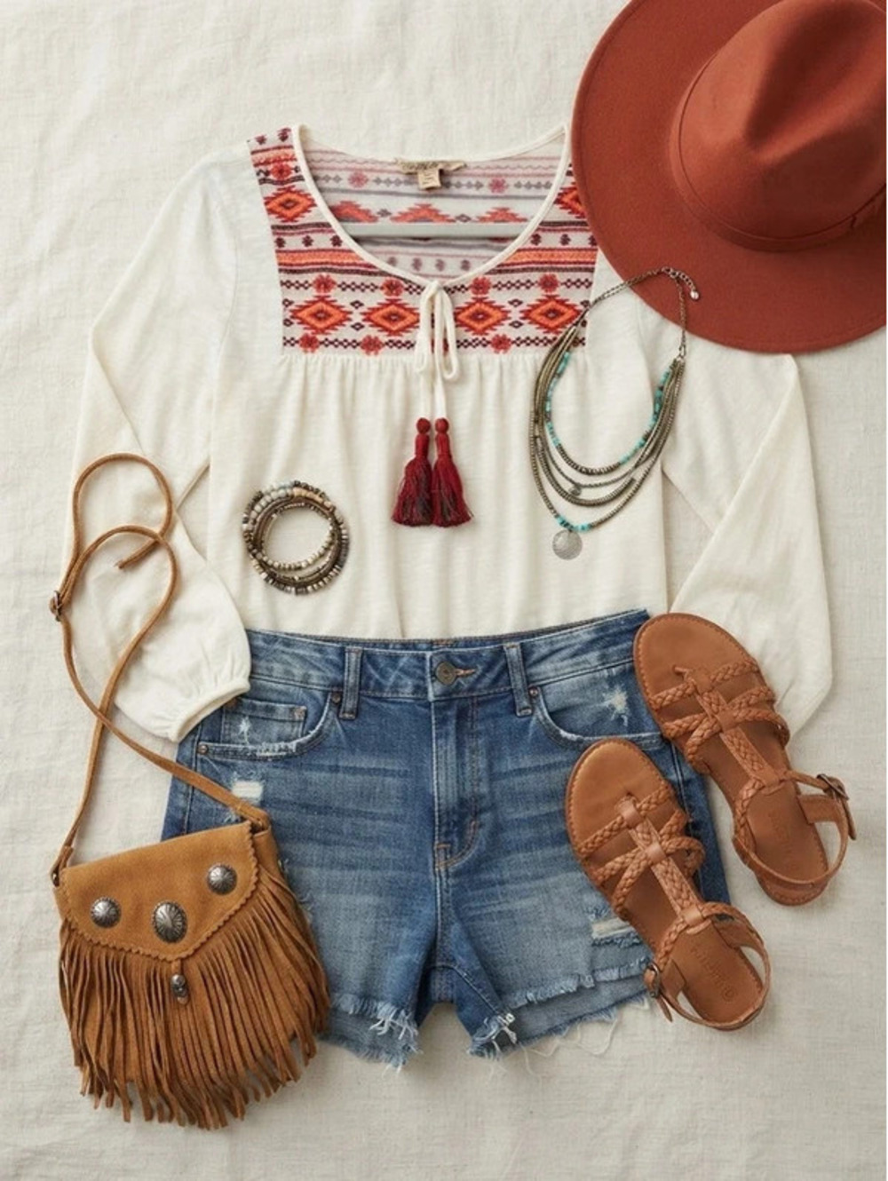 Nine West Vintage America Collection Boho Embroidered Tassel Blouse